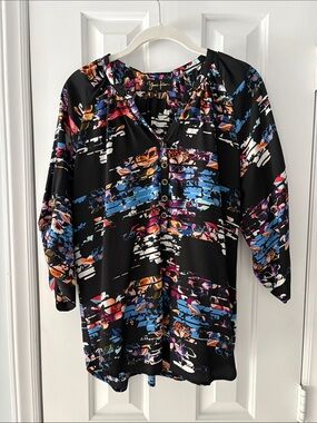 Yumi Kim Black Multicolor Abstract V-Neck Blouse